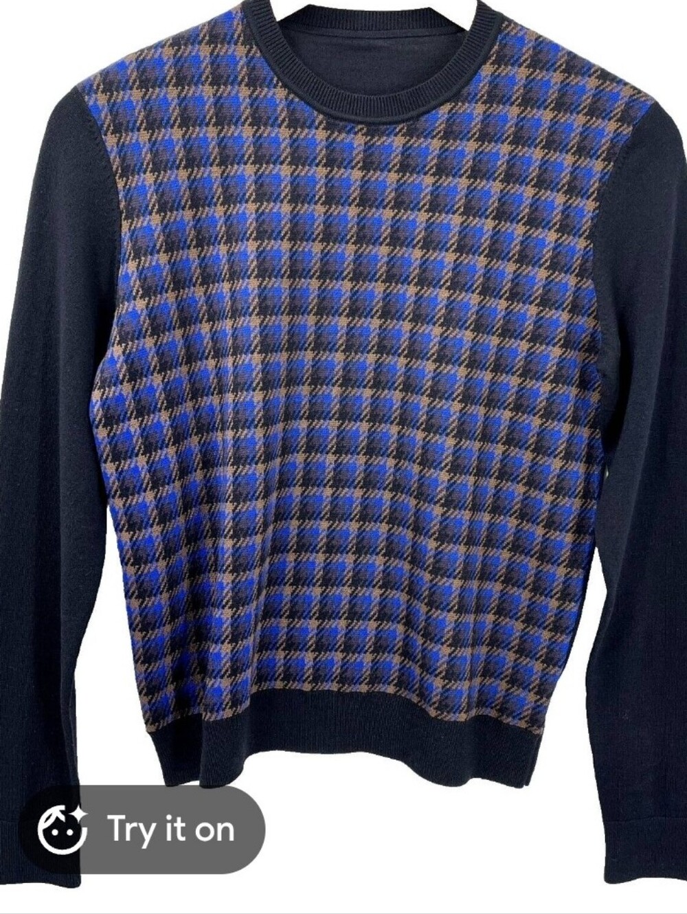 Akris Punto Navy, Blue and Brown Houndstooth Crewneck Sweater